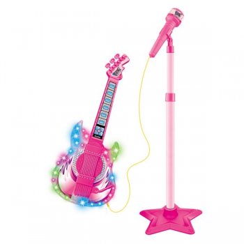 GUITARRA COM MICROFONE PEDESTAL INFANTIL ROCK SHOW ROSA